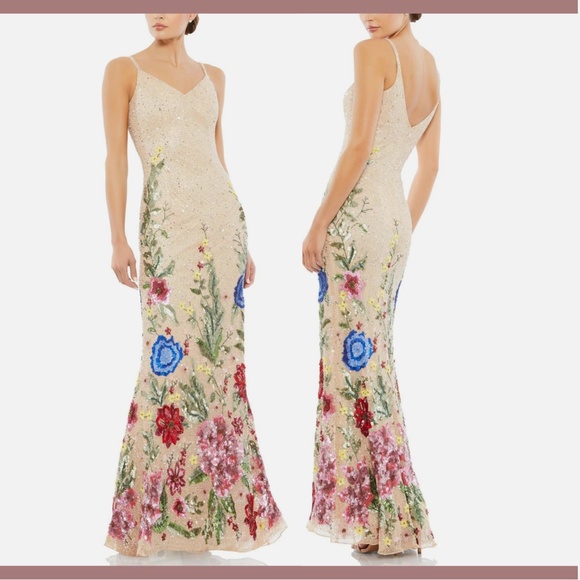 NWT $598 Mac Duggal [ 8 ] Floral Embellished Spaghetti Strap Gown in Nude #G1458 - Picture 2 of 13